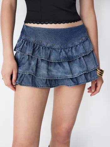 Skort Micro Mini Denim Talle Bajo Capas Volantes Detalle Metálico