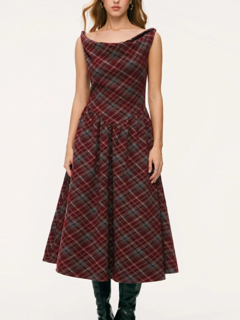Vestido Midi A‑Línea Cuello Caído Estilo Cuadros
