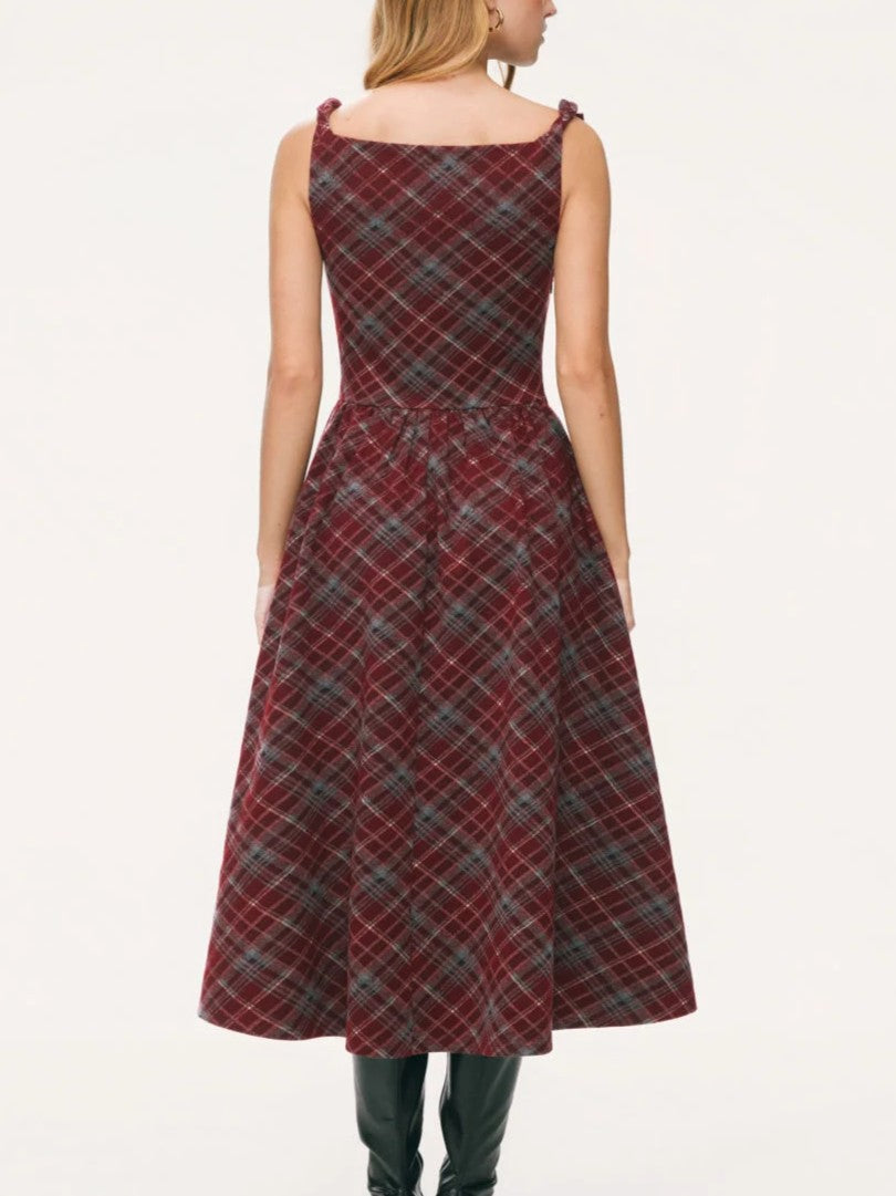 Vestido Midi A‑Línea Cuello Caído Estilo Cuadros