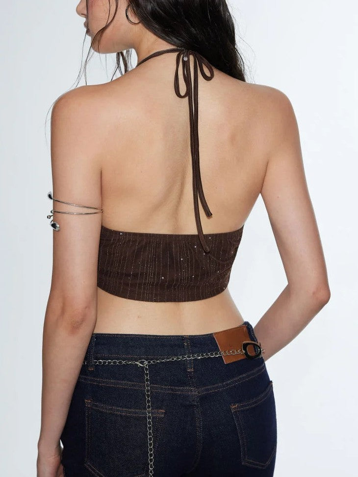 Top Crop Halter Corazón Textura Metálica Detalle Metálico