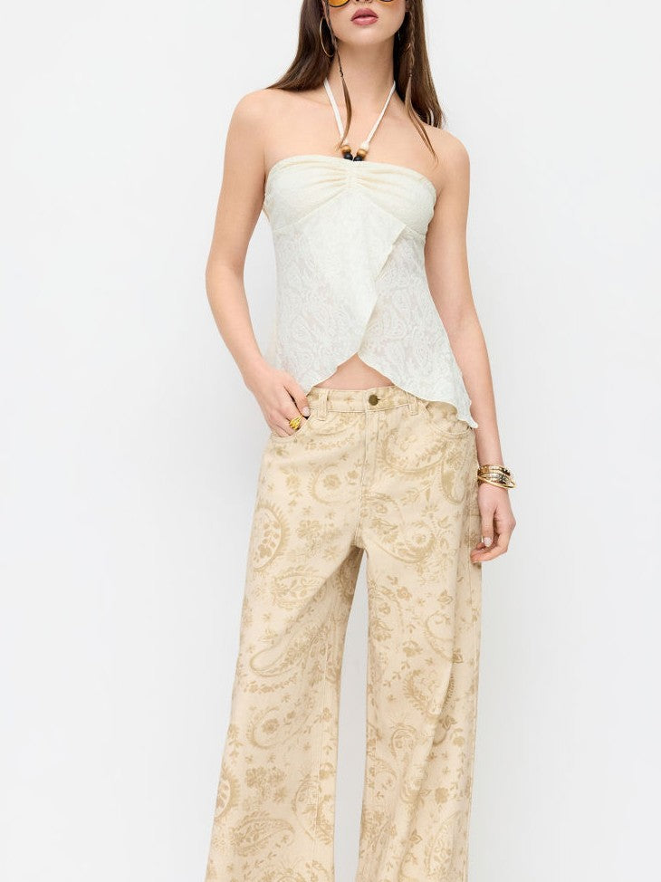 Top Halter Encaje Fruncido con Cuentas Decorativas