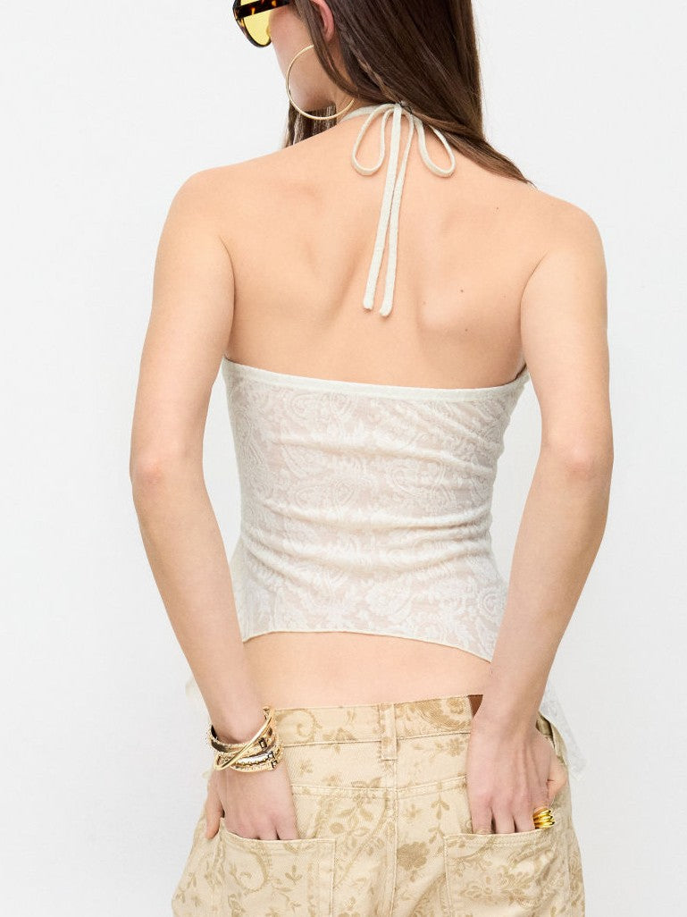 Top Halter Encaje Fruncido con Cuentas Decorativas