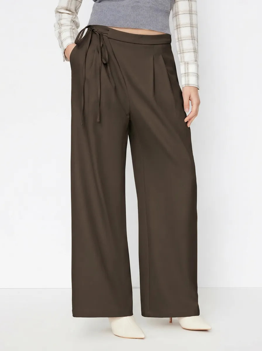 Pantalones Pierna Ancha Tiro Medio con Nudo Lateral y Pliegues