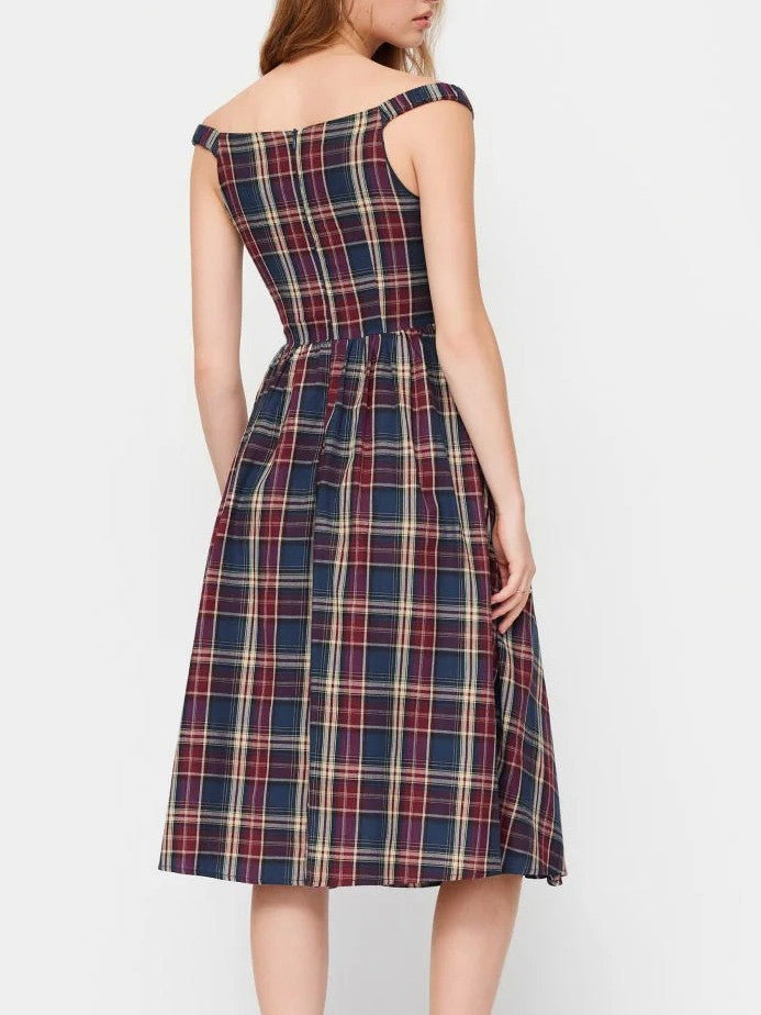 Vestido Midi A‑Línea Escote Bardot Cuadros con Botones