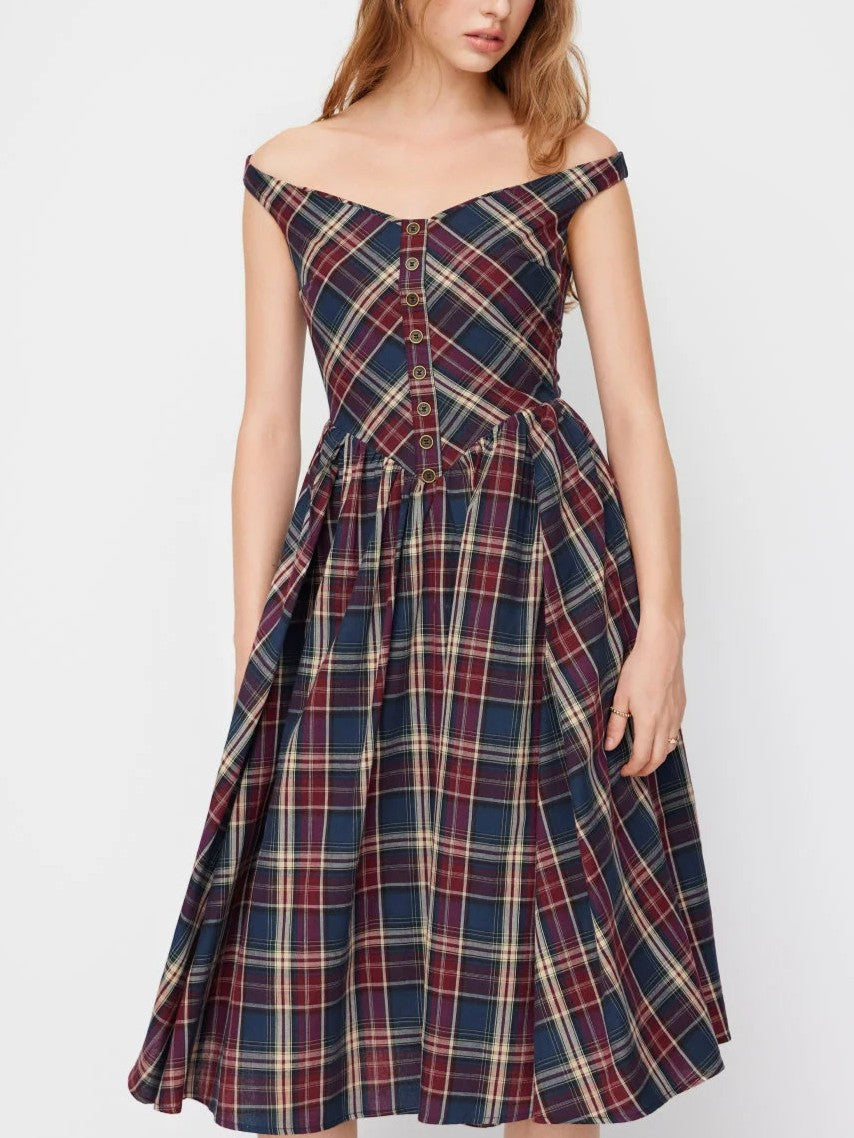 Vestido Midi A‑Línea Escote Bardot Cuadros con Botones