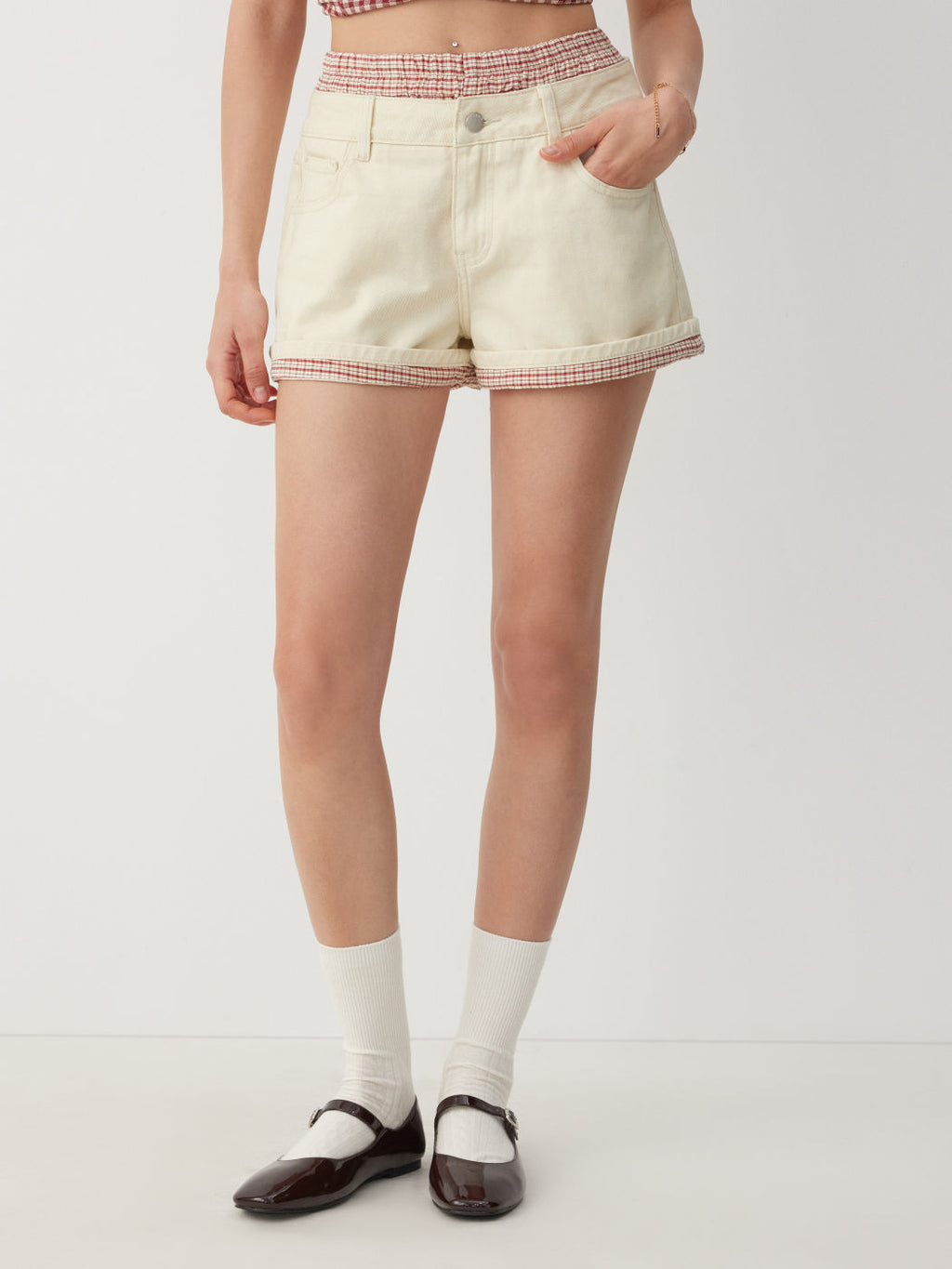 Shorts Vaqueros Tiro Medio con Ribete Contraste Gingham