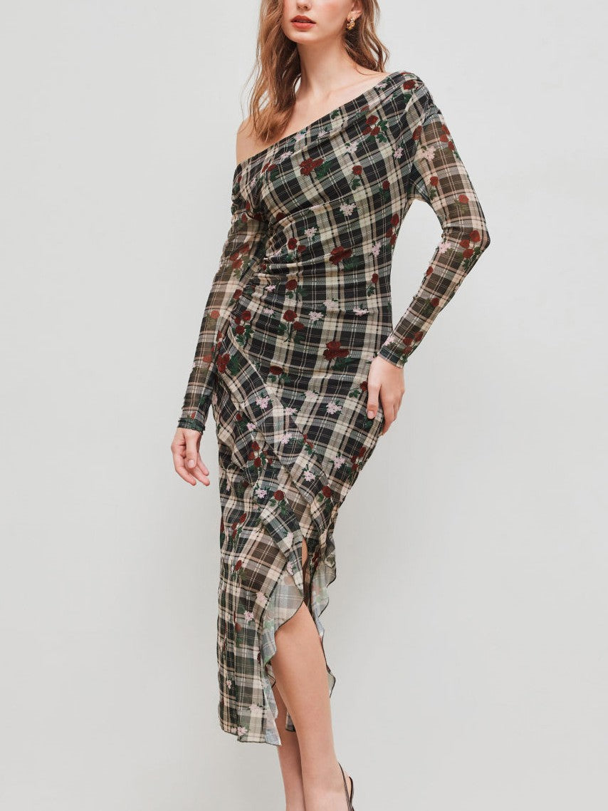 Vestido Largo Malla Cuello Asimétrico Estampado Flores Cuadros