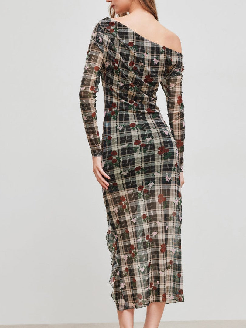 Vestido Largo Malla Cuello Asimétrico Estampado Flores Cuadros