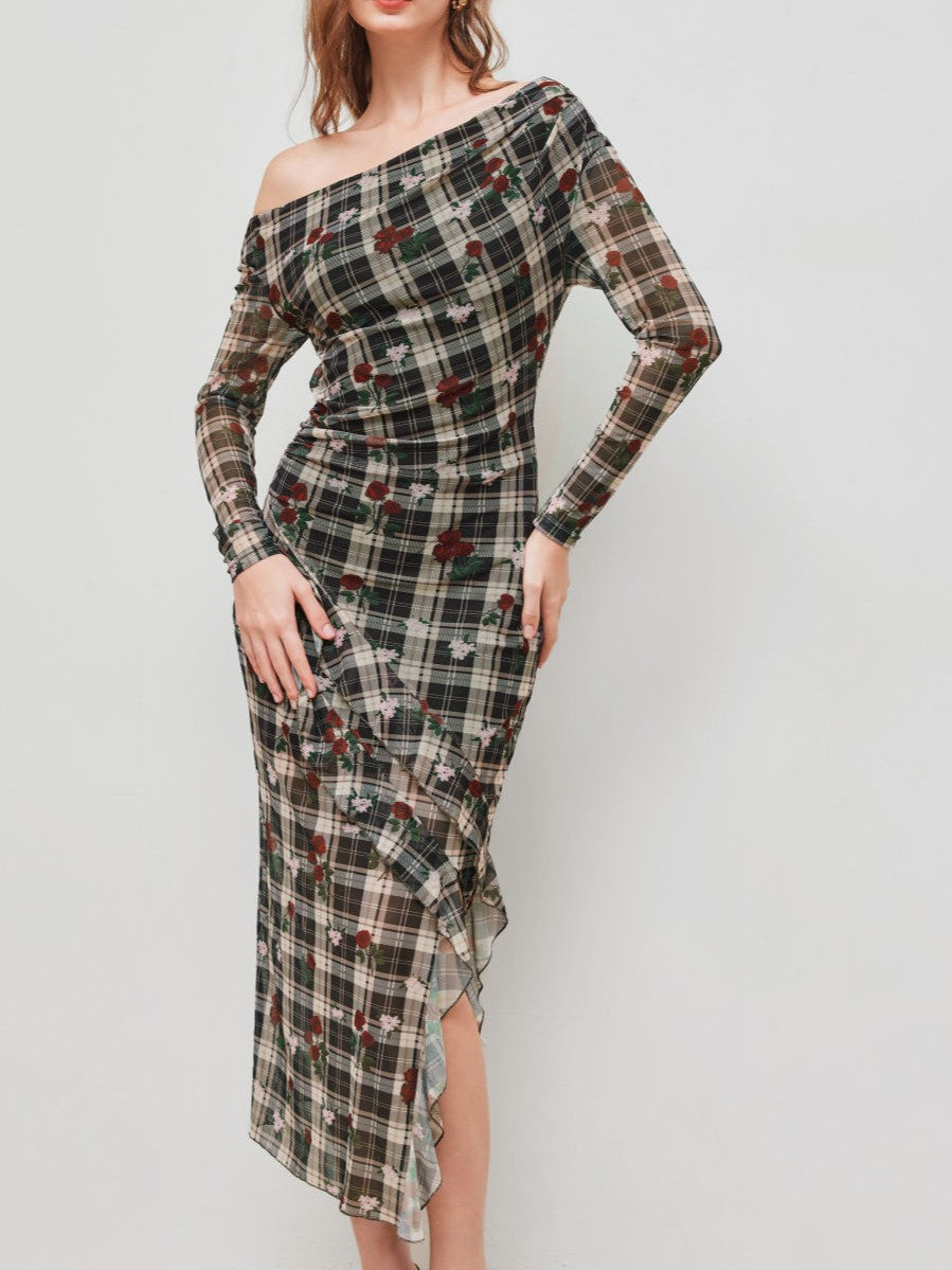 Vestido Largo Malla Cuello Asimétrico Estampado Flores Cuadros