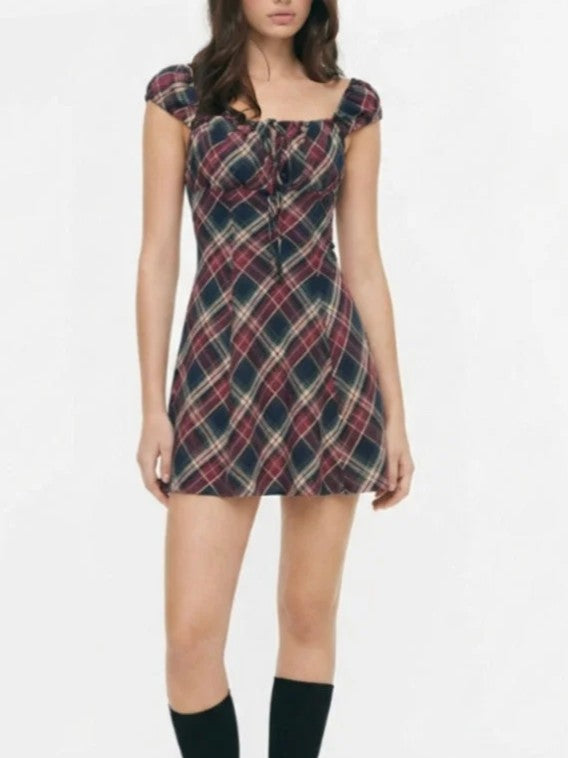 Vestido Corto Cuadros Escote Cuadrado Mangas Abullonadas Cordón