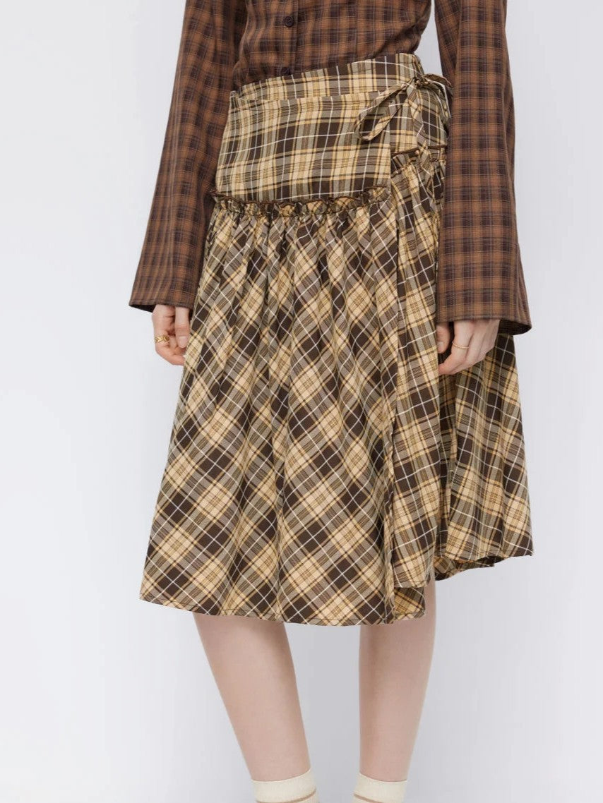 Falda Midi Cuadros Talle Medio Nudo Decorativo Borde Lechuga