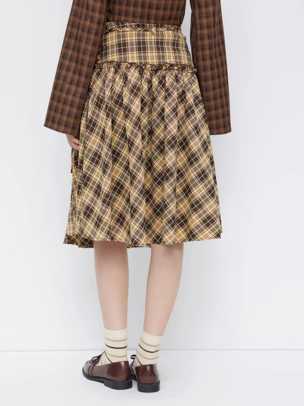 Falda Midi Cuadros Talle Medio Nudo Decorativo Borde Lechuga