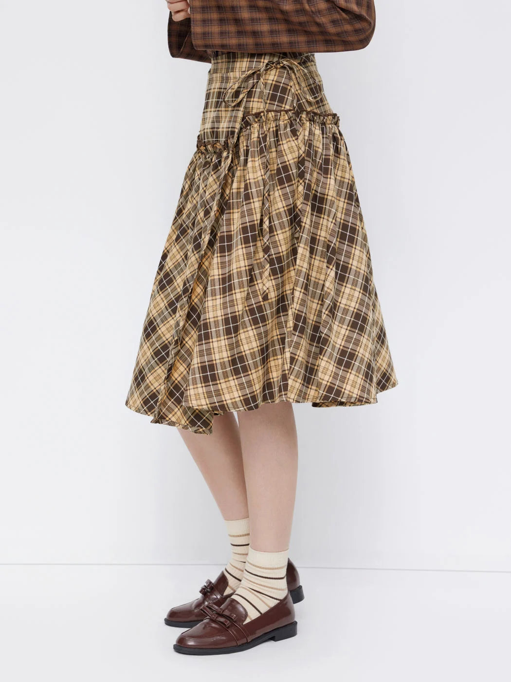 Falda Midi Cuadros Talle Medio Nudo Decorativo Borde Lechuga