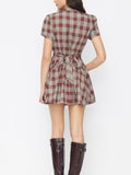 Vestido Mini a Cuello Mandarín a Cuadros con Botones Laterales