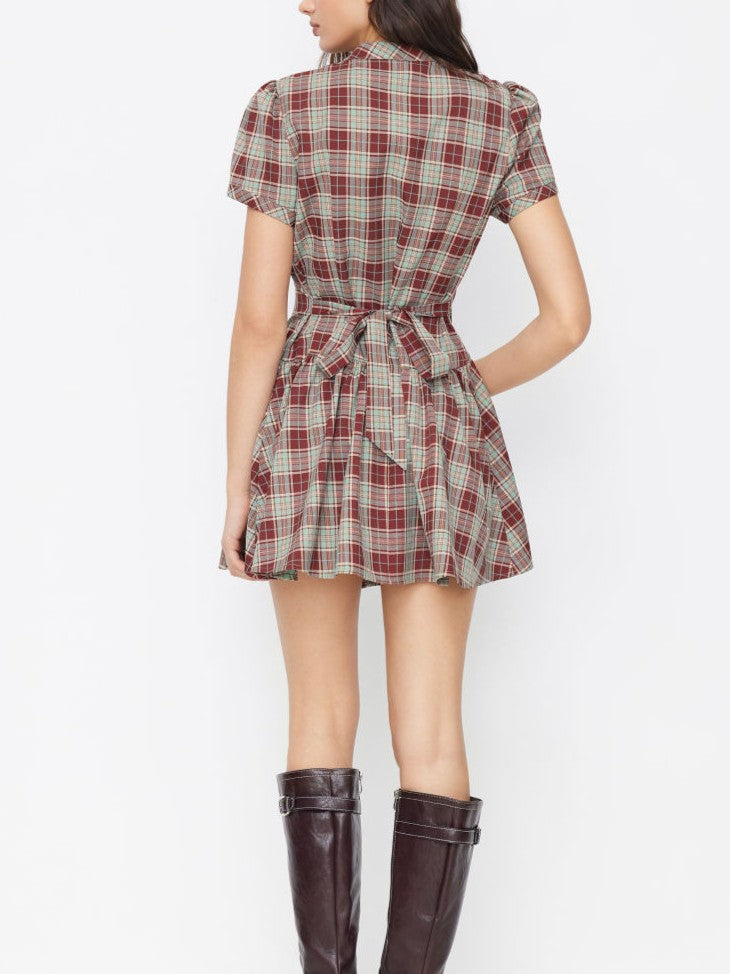 Vestido Mini a Cuello Mandarín a Cuadros con Botones Laterales