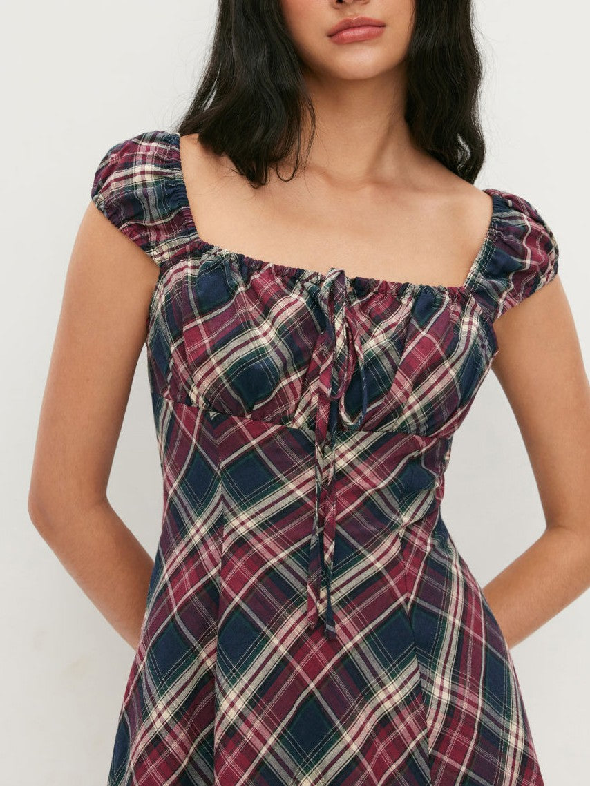 Vestido Mini Cuello Cuadrado Cuadros Amplio Sin Mangas