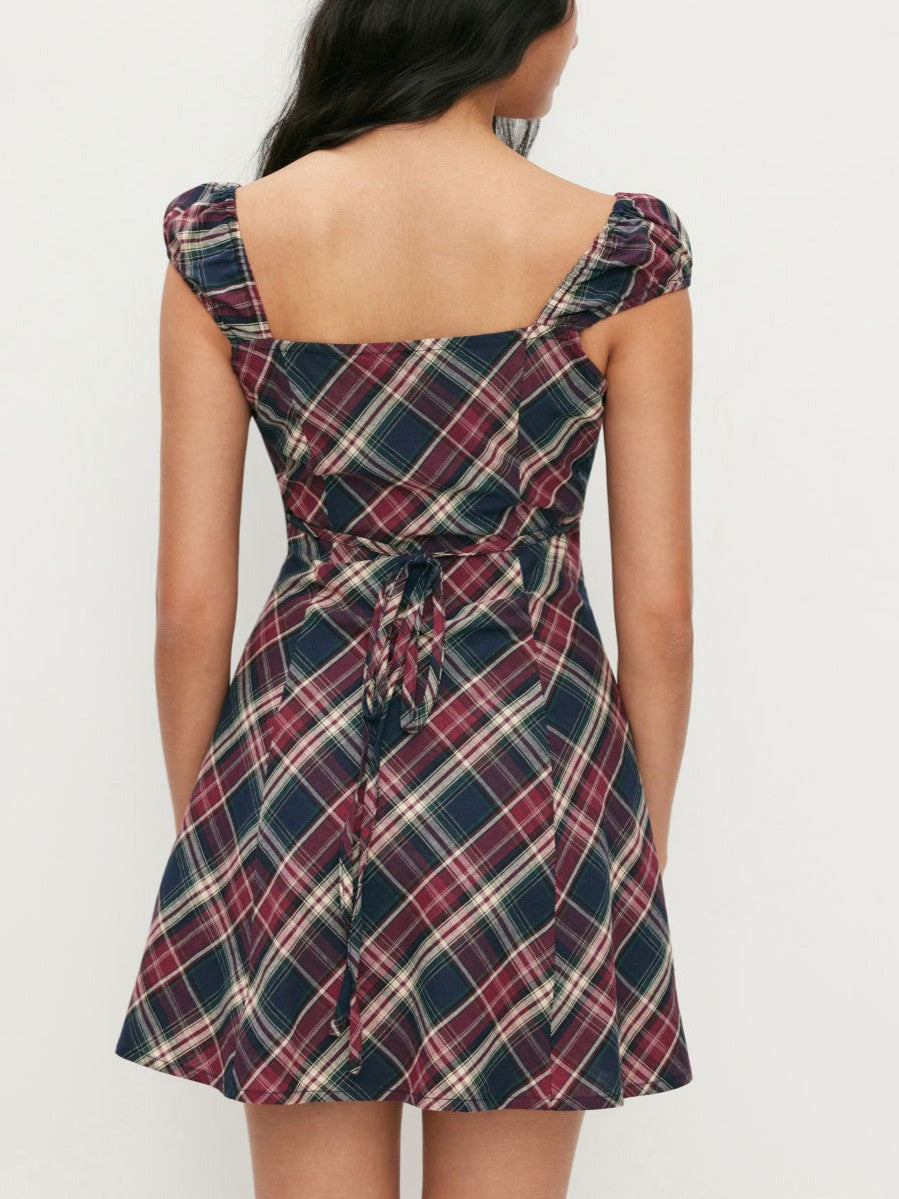 Vestido Mini Cuello Cuadrado Cuadros Amplio Sin Mangas