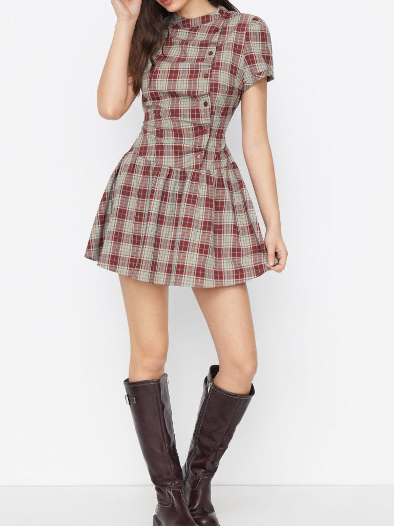 Vestido Mini a Cuello Mandarín a Cuadros con Botones Laterales